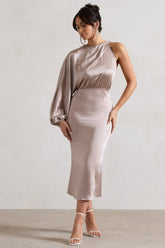 Taupe Satin One-Sleeve Midi Dress